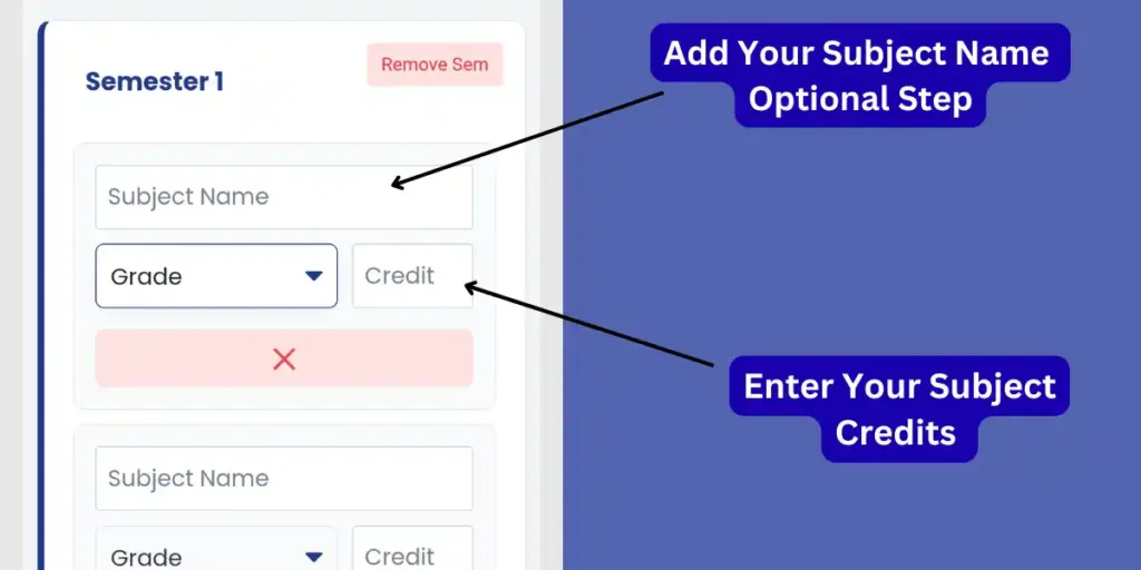Input fields to enter subject name and mandatory credit hours for accurate SGPA calculation.