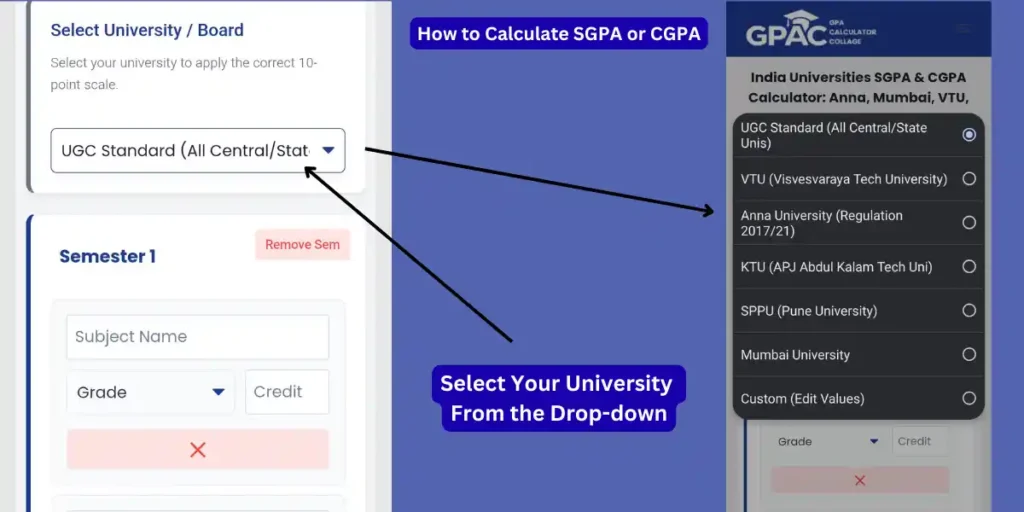 Select University dropdown menu in India CGPA Calculator showing options for VTU, Anna University, KTU, SPPU, and Mumbai University grading scales.