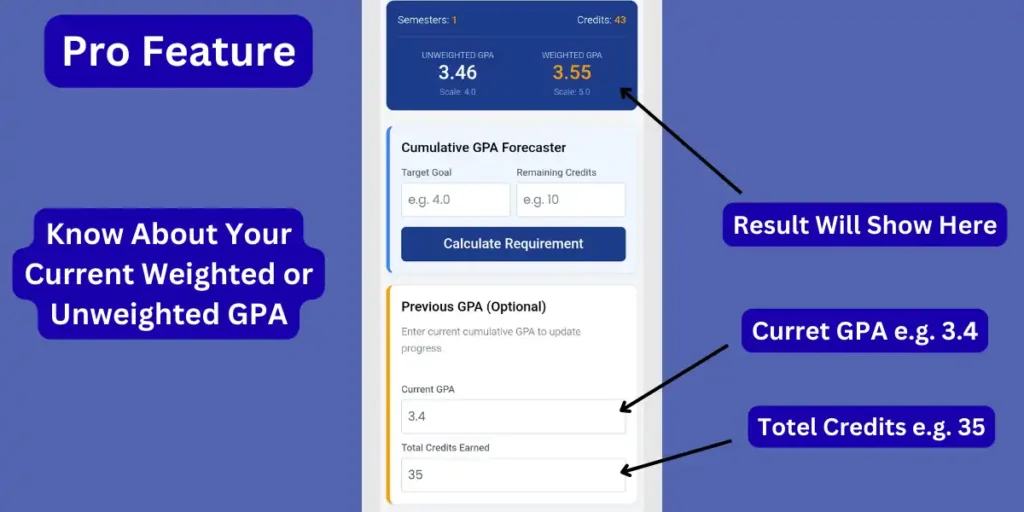 Optional input section to enter previous cumulative GPA and total earned credits to update your overall high school grade standing.