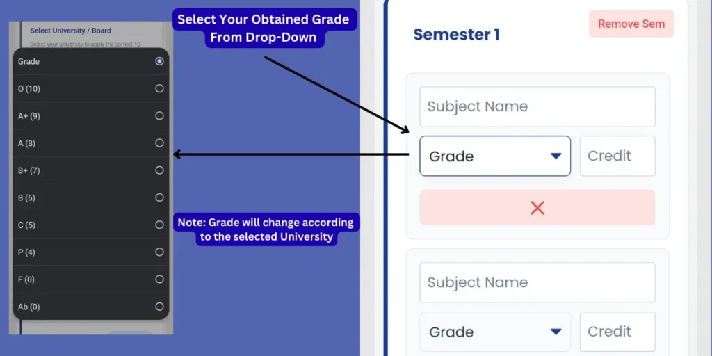 Dropdown menu displaying 10-point grading scale (O, A+, A) which automatically adjusts based on the selected Indian university.