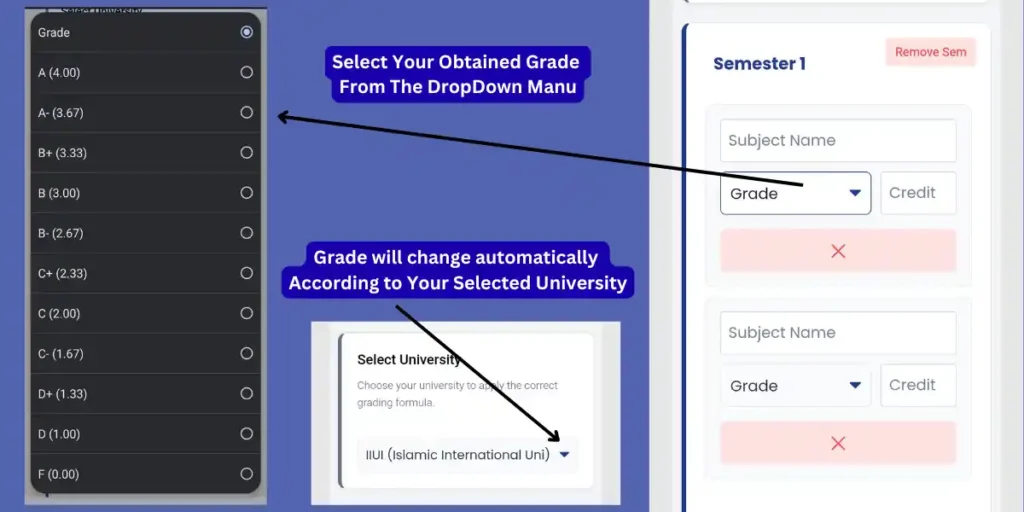 Select Your Obtained Grade From The DropDown Manu