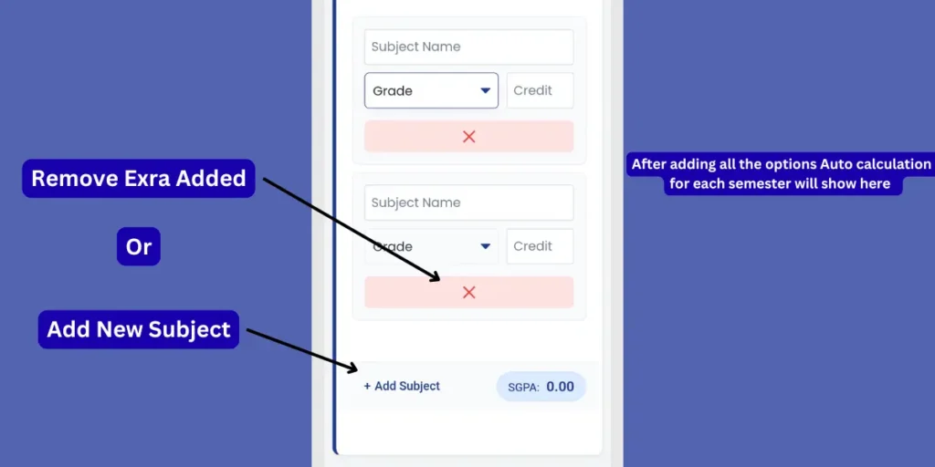 Buttons to add new subjects or remove extra courses, showing the instant auto-calculated SGPA result badge.