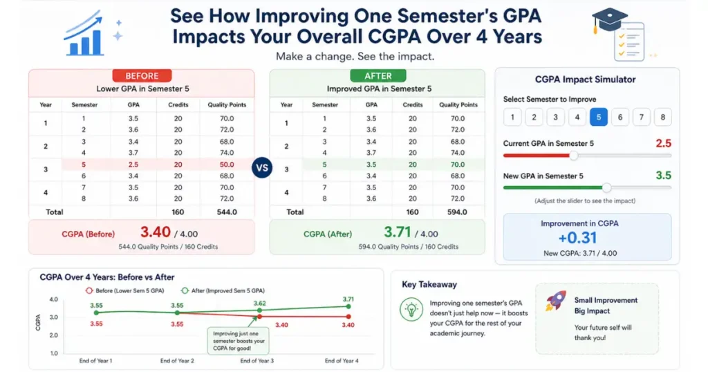 how improving one semester's GPA impacts the overall CGPA over a 4-year timeline
