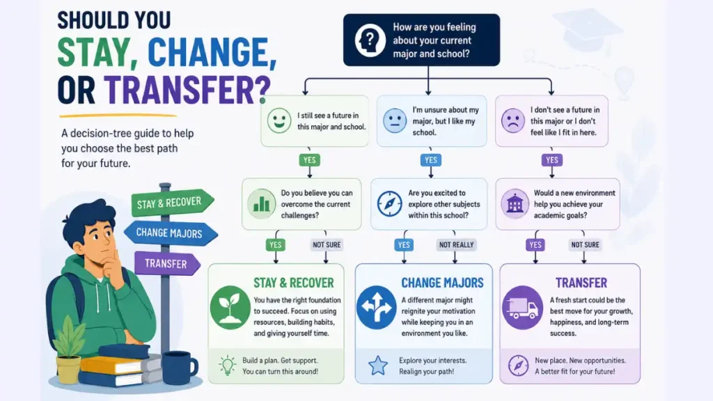  a decision-tree diagram helping students decide whether to stay and recover, change majors, or transfer