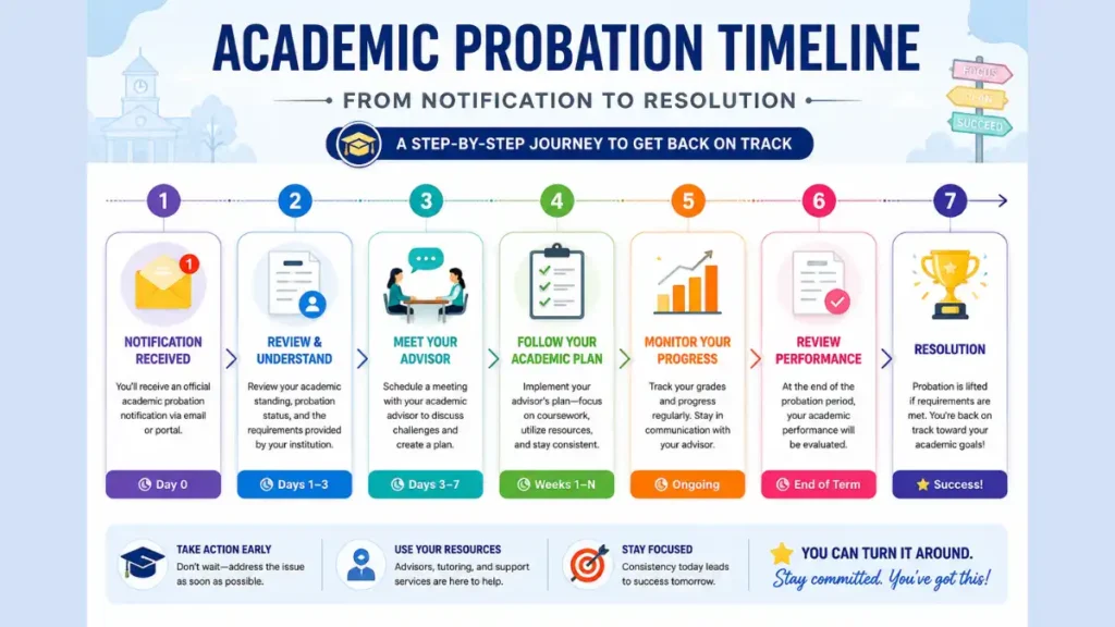 A numbered step-by-step visual showing the academic probation timeline from notification to resolution